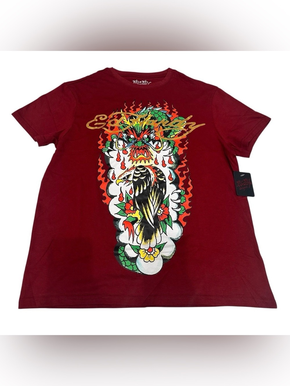 Ed Hardy T-Shirt Men's Size XL Dragon And Eagle Print Short Sleeve Wine NWT F24